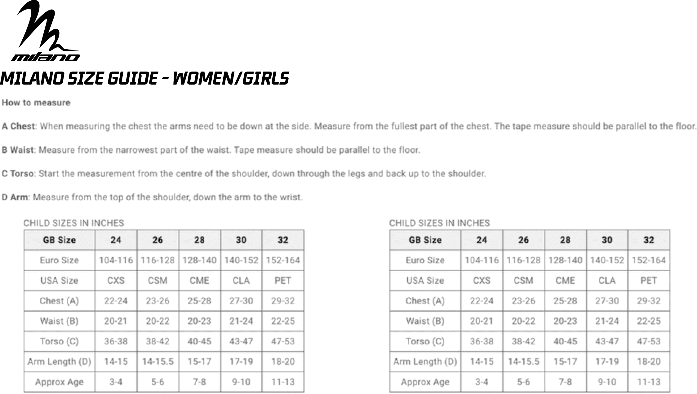 Milano Size Guide