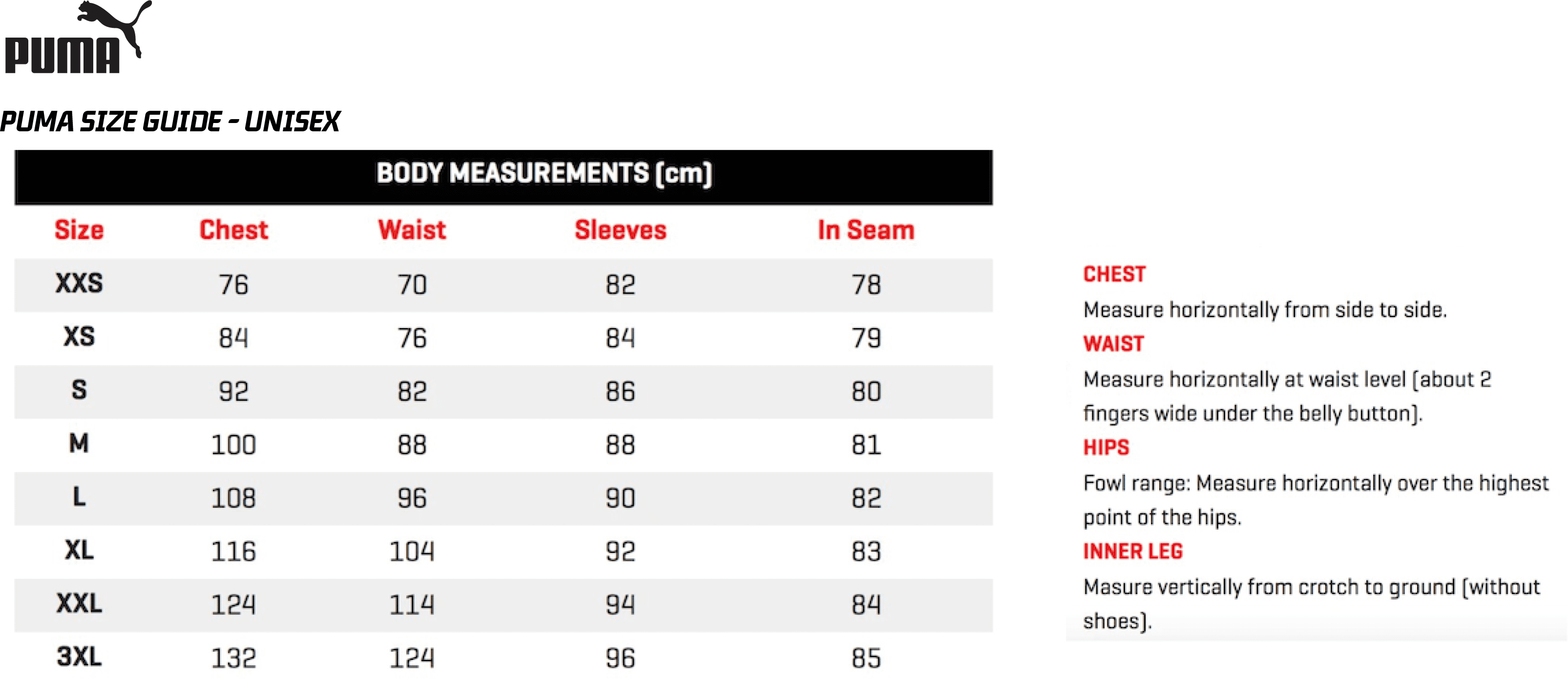 Puma Youth Size Guide